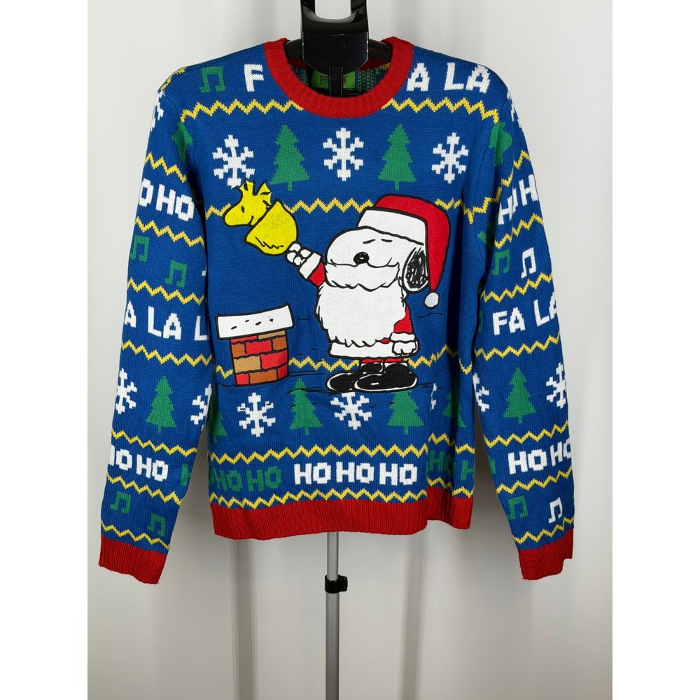 Peanuts Snoopy Santa Christmas Sweater Blue Fair Isle Ho Ho Ho NWT Large